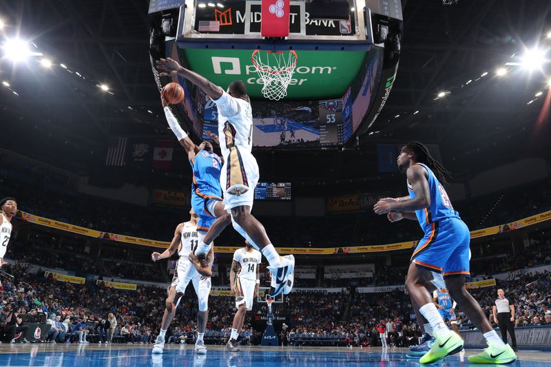 OKLAHOMA CITY, OK - NOVEMBER 13: Shai Gilgeous-Alexander #2 of the Oklahoma City Thunder drives to the basket during the game against the New Orleans Pelicans on November 13, 2024 at Paycom Center in Oklahoma City, Oklahoma. NOTE TO USER: User expressly acknowledges and agrees that, by downloading and or using this photograph, User is consenting to the terms and conditions of the Getty Images License Agreement. Mandatory Copyright Notice: Copyright 2024 NBAE (Photo by Nathaniel S. Butler/NBAE via Getty Images)