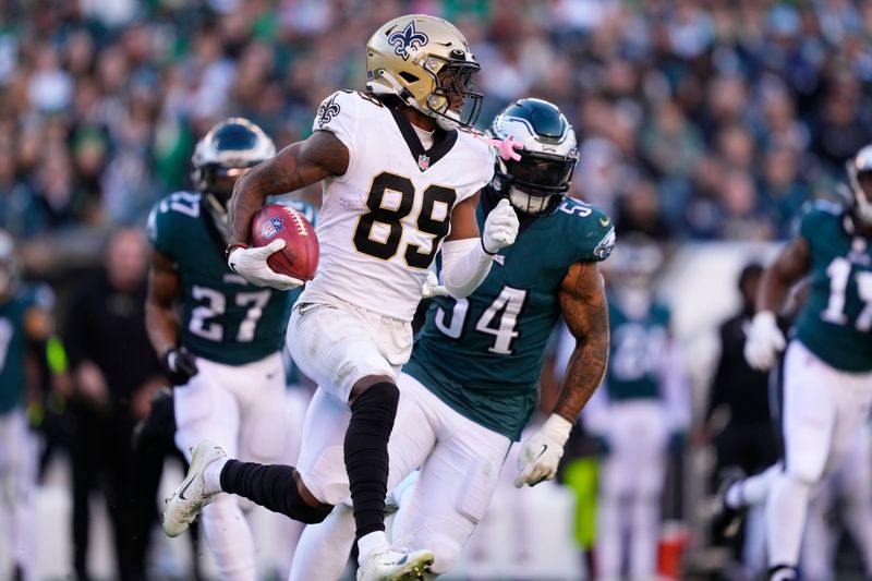 New Orleans Saints wide receiver Rashid Shaheed (89) carries in the second half of an NFL football game against the Philadelphia Eagles in Philadelphia, Sunday, Jan. 1, 2023. (AP Photo/Matt Rourke)