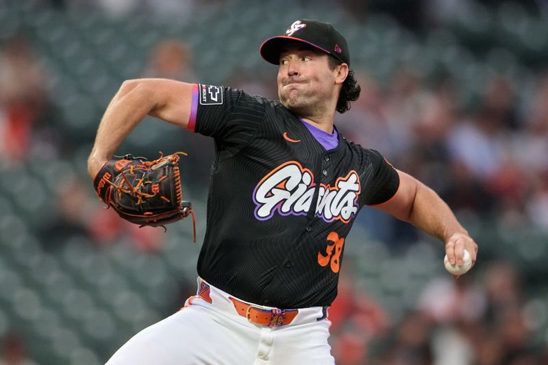 Sep 9, 2025; San Francisco, California, USA; San Francisco Giants starting pitcher Robbie Ray (38) throws a pitch against the Arizona Diamondbacks during the first inning at Oracle Park. Mandatory Credit: Robert Edwards-Imagn Images