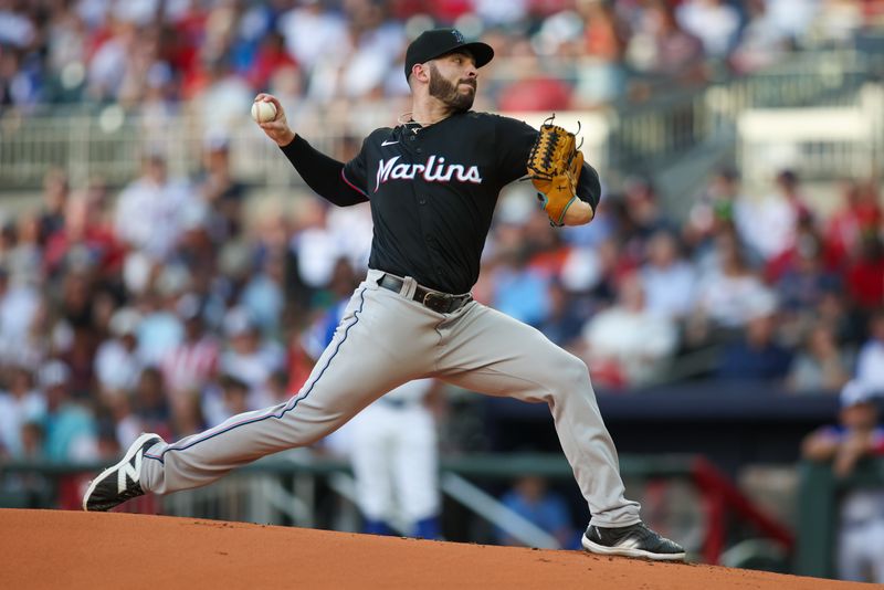 Aug 3, 2024; Atlanta, Georgia, USA; Miami Marlins starting pitcher Kyle Tyler (73) throws against the Atlanta Braves in the first inning at Truist Park. Mandatory Credit: Brett Davis-USA TODAY Sports