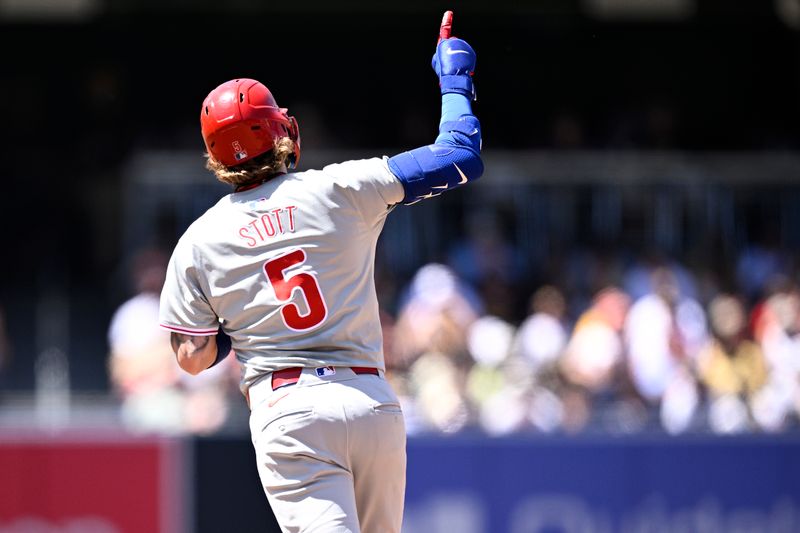 Apr 28, 2024; San Diego, California, USA; Philadelphia Phillies second baseman Bryson Stott (5) rounds the bases after hitting a two-run home run against the San Diego Padres during the fourth inning at Petco Park. Mandatory Credit: Orlando Ramirez-USA TODAY Sports