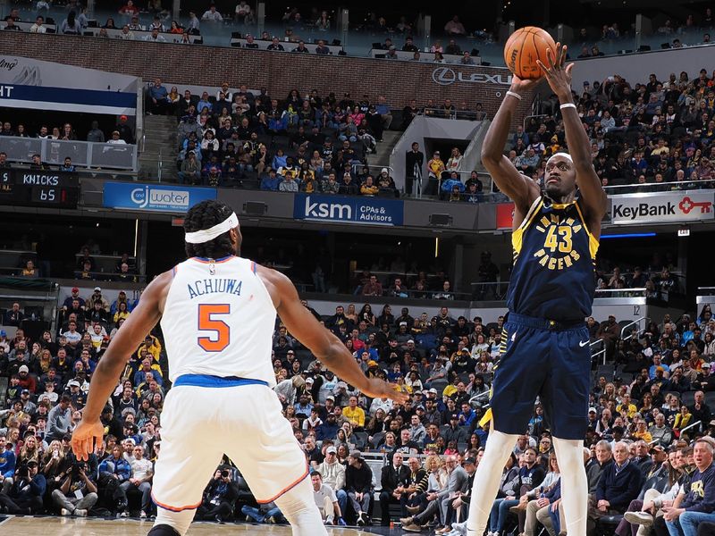 INDIANAPOLIS, IN - FEBRUARY 11:  Pascal Siakam #43 of the Indiana Pacers shoots a three point basket during the game against the New York Knicks on February 11, 2025 at Gainbridge Fieldhouse in Indianapolis, Indiana. NOTE TO USER: User expressly acknowledges and agrees that, by downloading and or using this Photograph, user is consenting to the terms and conditions of the Getty Images License Agreement. Mandatory Copyright Notice: Copyright 2025 NBAE (Photo by Ron Hoskins/NBAE via Getty Images)