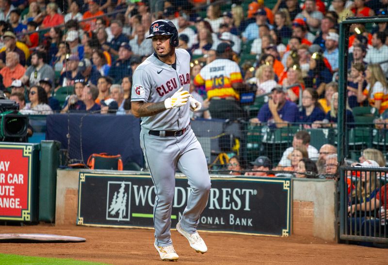 Jul 31, 2023; Houston, Texas, USA; Cleveland Guardians shortstop Gabriel Arias (13) scores against the Houston Astros in the second inning at Minute Maid Park. Mandatory Credit: Thomas Shea-USA TODAY Sports