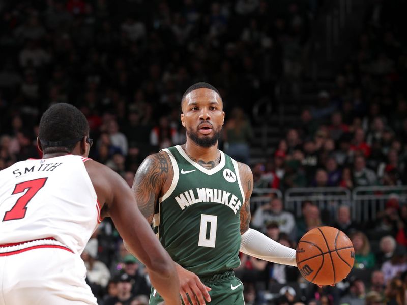 MILWAUKEE, WI - NOVEMBER 20: Damian Lillard #0 of the Milwaukee Bucks looks on during the game against the Chicago Bulls on November 20, 2024 at the Fiserv Forum Center in Milwaukee, Wisconsin. NOTE TO USER: User expressly acknowledges and agrees that, by downloading and or using this Photograph, user is consenting to the terms and conditions of the Getty Images License Agreement. Mandatory Copyright Notice: Copyright 2024 NBAE (Photo by Gary Dineen/NBAE via Getty Images).