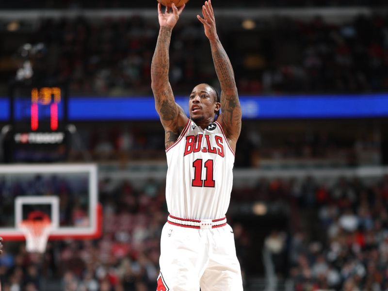 CHICAGO, IL - FEBRUARY 22: DeMar DeRozan #11 of the Chicago Bulls shoots the ball during the game against the Boston Celtics on February 22, 2024 at United Center in Chicago, Illinois. NOTE TO USER: User expressly acknowledges and agrees that, by downloading and or using this photograph, User is consenting to the terms and conditions of the Getty Images License Agreement. Mandatory Copyright Notice: Copyright 2024 NBAE (Photo by Jeff Haynes/NBAE via Getty Images)