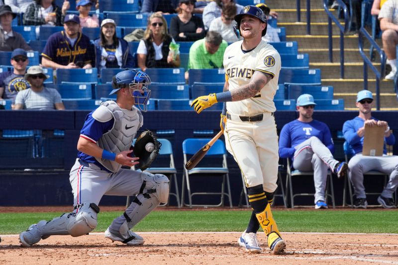 Mar 16, 2024; Phoenix, Arizona, USA; Milwaukee Brewers second baseman Brice Turang (2) reacts fater striking out against the Texas Rangers in the second inning at American Family Fields of Phoenix. Mandatory Credit: Rick Scuteri-USA TODAY Sports