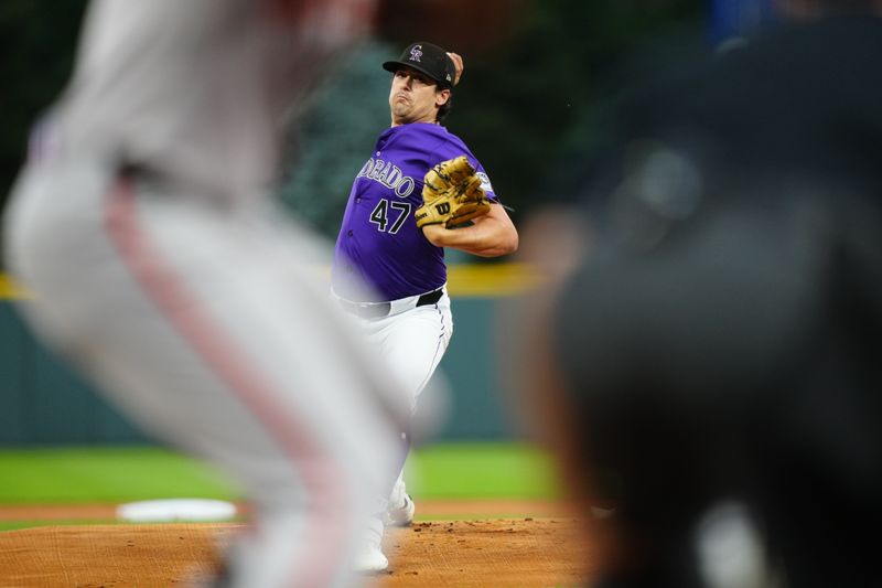 Jul 19, 2024; Denver, Colorado, USA; Colorado Rockies pitcher Cal Quantrill (47) delivers a pitch in the first inning against the San Francisco Giants at Coors Field. Mandatory Credit: Ron Chenoy-USA TODAY Sports