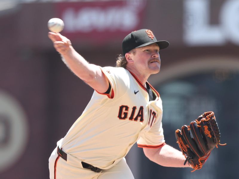 May 21, 2025; San Francisco, California, USA; San Francisco Giants starting pitcher Logan Webb (62) pitches the ball against the Kansas City Royals during the first inning at Oracle Park. Mandatory Credit: Kelley L Cox-Imagn Images