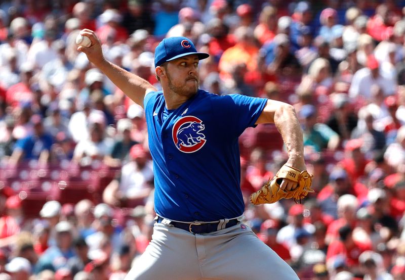 Sep 3, 2023; Cincinnati, Ohio, USA; Chicago Cubs starting pitcher Jameson Taillon (50) throws against the Cincinnati Reds during the first inning at Great American Ball Park. Mandatory Credit: David Kohl-USA TODAY Sports