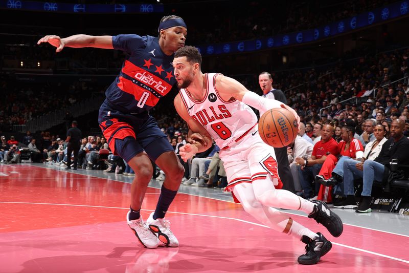 WASHINGTON, DC -? NOVEMBER 26: Zach LaVine #8 of the Chicago Bulls dribbles the ball during the game against the Washington Wizards during the Emirates NBA Cup game on November 26, 2024 at Capital One Arena in Washington, DC. NOTE TO USER: User expressly acknowledges and agrees that, by downloading and or using this Photograph, user is consenting to the terms and conditions of the Getty Images License Agreement. Mandatory Copyright Notice: Copyright 2024 NBAE (Photo by Stephen Gosling/NBAE via Getty Images)