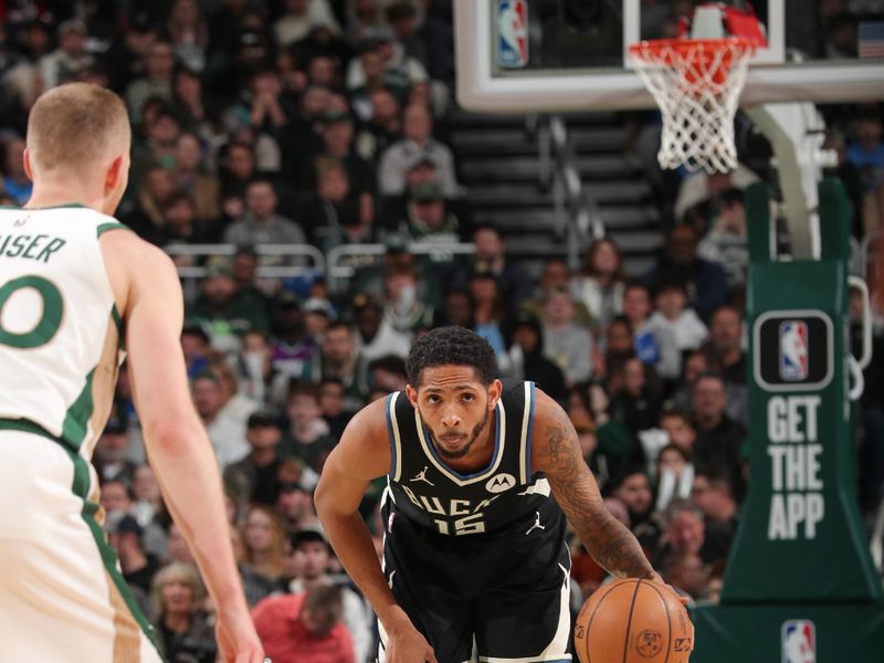 MILWAUKEE, WI - JANUARY 11:  Cameron Payne #15 of the Milwaukee Bucks handles the ball during the game  on January 11, 2024 at the Fiserv Forum Center in Milwaukee, Wisconsin. NOTE TO USER: User expressly acknowledges and agrees that, by downloading and or using this Photograph, user is consenting to the terms and conditions of the Getty Images License Agreement. Mandatory Copyright Notice: Copyright 2024 NBAE (Photo by Gary Dineen/NBAE via Getty Images).