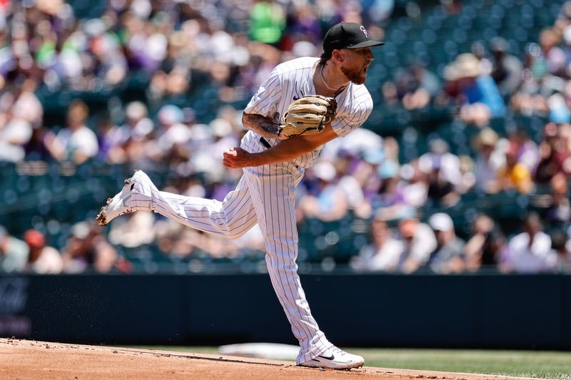 Jun 23, 2024; Denver, Colorado, USA; Colorado Rockies starting pitcher Kyle Freeland (21) pitches in the first inning against the Washington Nationals at Coors Field. Mandatory Credit: Isaiah J. Downing-USA TODAY Sports