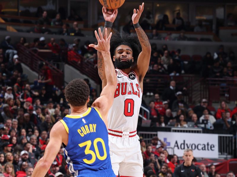 CHICAGO, IL - JANUARY 12: Coby White #0 of the Chicago Bulls three point basket during the game against the Golden State Warriors on January 12, 2024 at United Center in Chicago, Illinois. NOTE TO USER: User expressly acknowledges and agrees that, by downloading and or using this photograph, User is consenting to the terms and conditions of the Getty Images License Agreement. Mandatory Copyright Notice: Copyright 2024 NBAE (Photo by Jeff Haynes/NBAE via Getty Images)