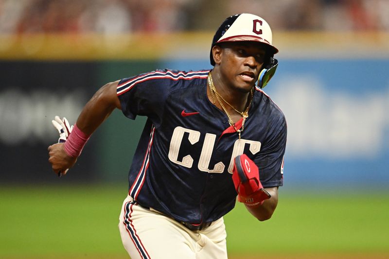 Aug 2, 2024; Cleveland, Ohio, USA; Cleveland Guardians center fielder Angel Martinez (1) advances to third on a single by catcher Austin Hedges (not pictured) during the sixth inning against the Baltimore Orioles at Progressive Field. Mandatory Credit: Ken Blaze-USA TODAY Sports