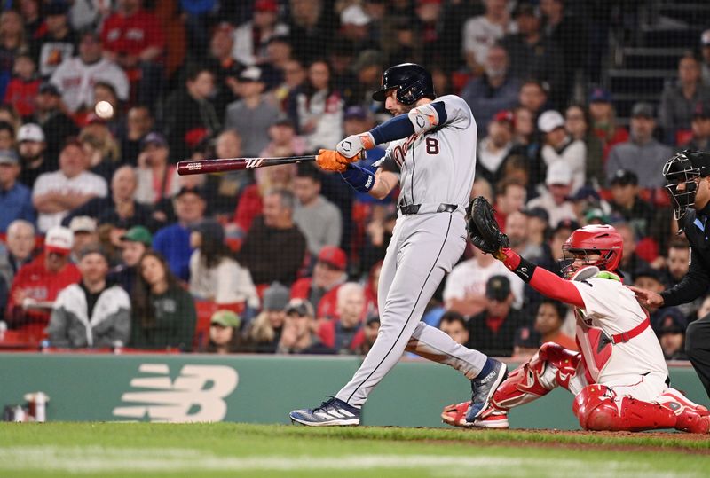 May 30, 2024; Boston, Massachusetts, USA; Detroit Tigers right field Matt Vierling (8) hits a double against the Boston Red Sox during the eighth inning at Fenway Park. Mandatory Credit: Eric Canha-USA TODAY Sports