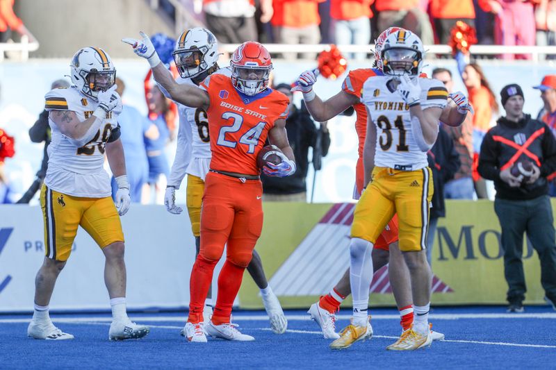 Oct 28, 2023; Boise, Idaho, USA; Boise State Broncos running back George Holani (24) gestures during the first half against the against the Wyoming Cowboys at Albertsons Stadium. Mandatory Credit: Brian Losness-USA TODAY Sports

