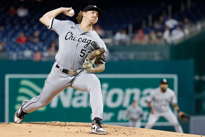 Sep 18, 2023; Washington, District of Columbia, USA; Chicago White Sox starting pitcher Mike Clevinger (52) pitches against the Washington Nationals during the first inning at Nationals Park. Mandatory Credit: Geoff Burke-USA TODAY Sports