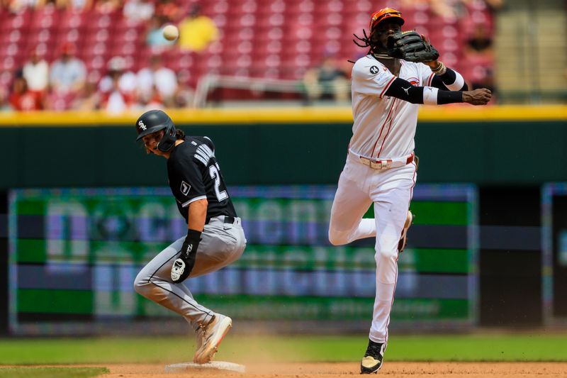 May 15, 2025; Cincinnati, Ohio, USA; Cincinnati Reds shortstop Elly De La Cruz (44) throws to first in attempt to get Chicago White Sox shortstop Jacob Amaya (not pictured) out in the eighth inning at Great American Ball Park. Mandatory Credit: Katie Stratman-Imagn Images