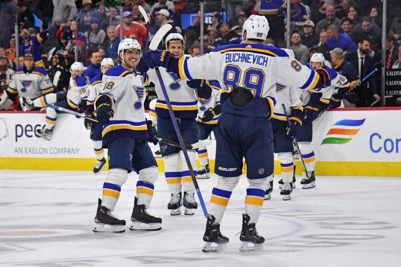 Mar 4, 2024; Philadelphia, Pennsylvania, USA; St. Louis Blues left wing Pavel Buchnevich (89) celebrates his game-winning goal with teammates in the shootout against the Philadelphia Flyers at Wells Fargo Center. Mandatory Credit: Eric Hartline-USA TODAY Sports