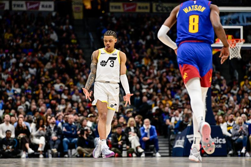 DENVER, COLORADO - MARCH 9: Keyonte George #3 of the Utah Jazz celebrates after scoring in the second half of a game against the Denver Nuggets at Ball Arena on March 9, 2024 in Denver, Colorado. (Photo by Dustin Bradford/Getty Images)