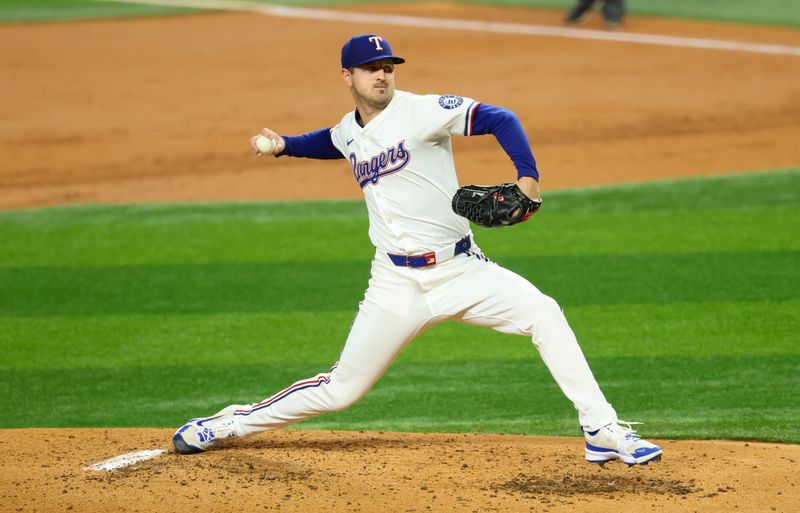 May 28, 2025; Arlington, Texas, USA; Texas Rangers starting pitcher Tyler Mahle (51) throws during the third inning against the Toronto Blue Jays at Globe Life Field. Mandatory Credit: Kevin Jairaj-Imagn Images