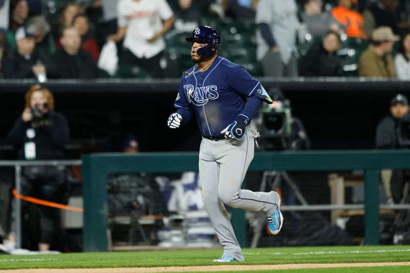 Apr 28, 2023; Chicago, Illinois, USA; Tampa Bay Rays third baseman Isaac Paredes (17) rounds the bases after hitting a solo home run against the Chicago White Sox during the ninth inning at Guaranteed Rate Field. Mandatory Credit: Kamil Krzaczynski-USA TODAY Sports