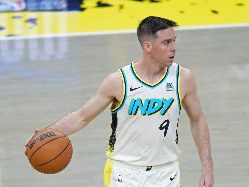 INDIANAPOLIS, IN - APRIL 19: T.J. McConnell #9 of the Indiana Pacers dribbles the ball during the game against the Milwaukee Bucks during round 1 Game 1 of the 2025 NBA Playoffs on April 19, 2025 at Gainbridge Fieldhouse in Indianapolis, Indiana. NOTE TO USER: User expressly acknowledges and agrees that, by downloading and or using this Photograph, user is consenting to the terms and conditions of the Getty Images License Agreement. Mandatory Copyright Notice: Copyright 2025 NBAE (Photo by A.J. Mast/NBAE via Getty Images)