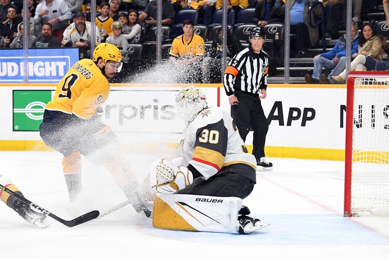 Mar 26, 2024; Nashville, Tennessee, USA; Nashville Predators left wing Filip Forsberg (9) stops as he attempts a shot against Vegas Golden Knights goaltender Jiri Patera (30) during the first period at Bridgestone Arena. Mandatory Credit: Christopher Hanewinckel-USA TODAY Sports