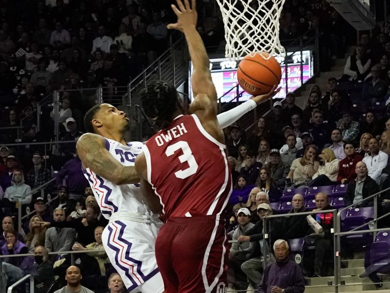 Jan 10, 2024; Fort Worth, Texas, USA; TCU Horned Frogs guard Avery Anderson III (3) scores a layup against \03\ during the second half at Ed and Rae Schollmaier Arena. Mandatory Credit: Chris Jones-USA TODAY Sports