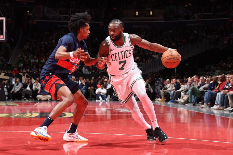 WASHINGTON, DC -? NOVEMBER 22: Jaylen Brown #7 of the Boston Celtics dribbles the ball during the game against the Washington Wizards during the Emirates NBA Cup game on November 22, 2024 at Capital One Arena in Washington, DC. NOTE TO USER: User expressly acknowledges and agrees that, by downloading and or using this Photograph, user is consenting to the terms and conditions of the Getty Images License Agreement. Mandatory Copyright Notice: Copyright 2024 NBAE (Photo by Stephen Gosling/NBAE via Getty Images)