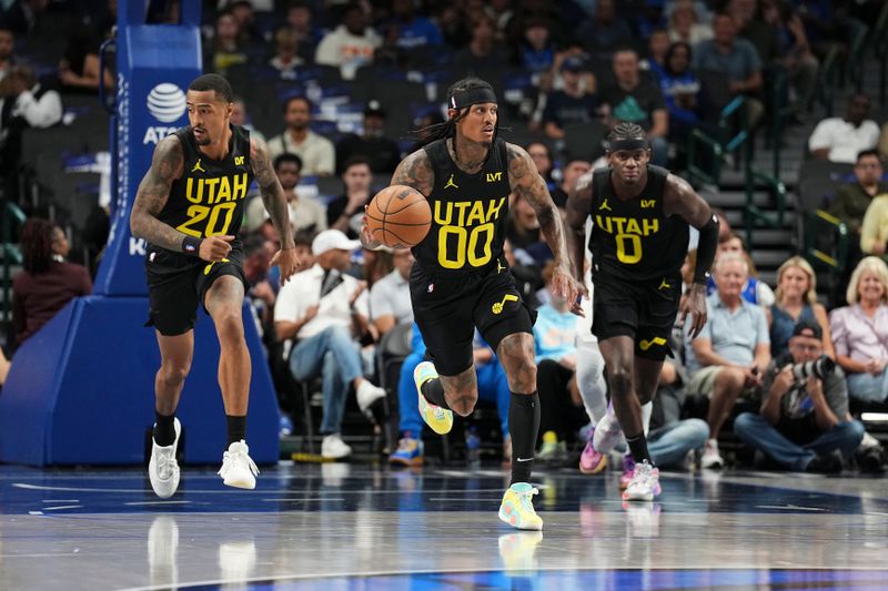 DALLAS, TX - OCTOBER 10: Jordan Clarkson #00 of the Utah Jazz dribbles the ball during the game against the Dallas Mavericks on October 10, 2024 at American Airlines Center in Dallas, Texas. NOTE TO USER: User expressly acknowledges and agrees that, by downloading and or using this photograph, User is consenting to the terms and conditions of the Getty Images License Agreement. Mandatory Copyright Notice: Copyright 2024 NBAE (Photo by Glenn James/NBAE via Getty Images)