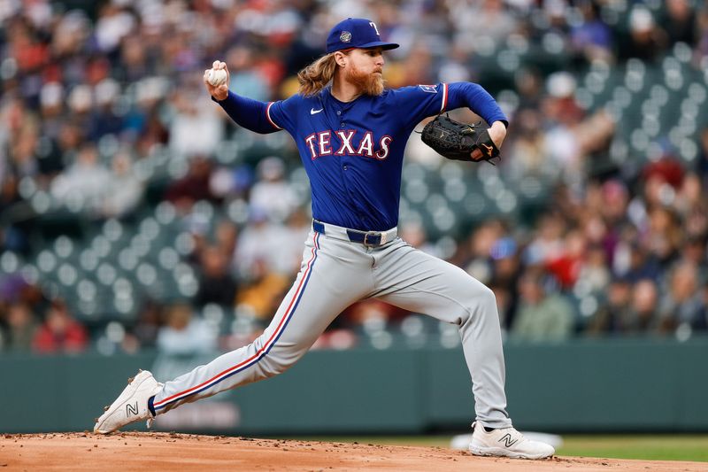 May 10, 2024; Denver, Colorado, USA; Texas Rangers starting pitcher Jon Gray (22) pitches in the first inning against the Colorado Rockies at Coors Field. Mandatory Credit: Isaiah J. Downing-USA TODAY Sports