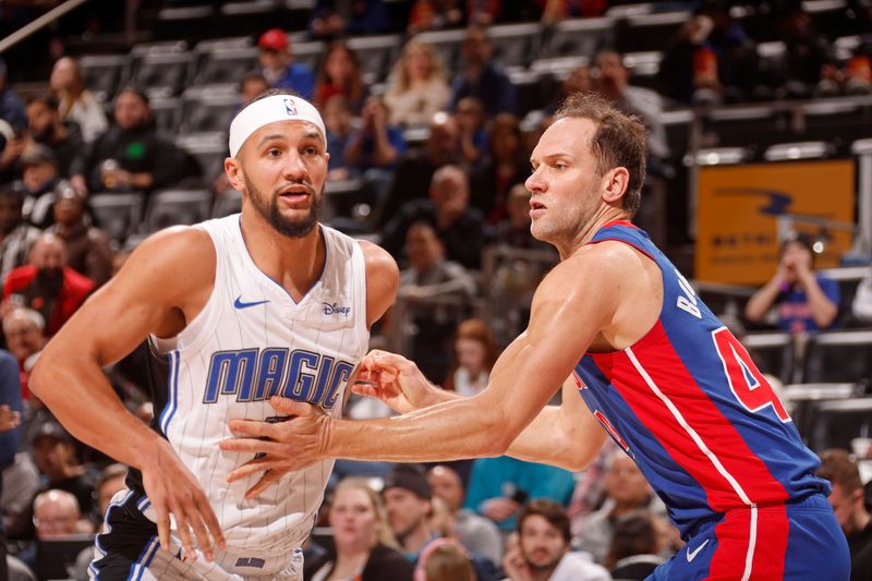 DETROIT, MI - FEBRUARY 4: Bojan Bogdanovic #44 of the Detroit Pistons plays defense during the game against the Orlando Magic on February 4, 2024 at Little Caesars Arena in Detroit, Michigan. NOTE TO USER: User expressly acknowledges and agrees that, by downloading and/or using this photograph, User is consenting to the terms and conditions of the Getty Images License Agreement. Mandatory Copyright Notice: Copyright 2024 NBAE (Photo by Brian Sevald/NBAE via Getty Images)