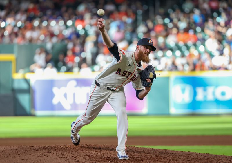 Apr 13, 2024; Houston, Texas, USA; Houston Astros pitcher Shawn Rubin (66) pitches against the Texas Rangers in the ninth inning at Minute Maid Park. Mandatory Credit: Thomas Shea-USA TODAY Sports