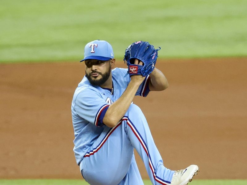 Jul 23, 2023; Arlington, Texas, USA;  Texas Rangers starting pitcher Martin Perez (54) throws during the first inning against the Los Angeles Dodgers at Globe Life Field. Mandatory Credit: Kevin Jairaj-USA TODAY Sports