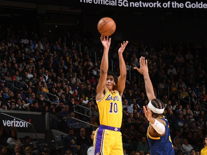 SAN FRANCISCO, CA - FEBRUARY 22:  Max Christie #10 of the Los Angeles Lakers shoots a 3-point basket during the game  on February 22, 2024 at Chase Center in San Francisco, California. NOTE TO USER: User expressly acknowledges and agrees that, by downloading and or using this photograph, user is consenting to the terms and conditions of Getty Images License Agreement. Mandatory Copyright Notice: Copyright 2024 NBAE (Photo by Noah Graham/NBAE via Getty Images)