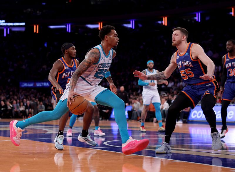 NEW YORK, NEW YORK - NOVEMBER 28:  P.J. Washington #25 of the Charlotte Hornets heads for the net as Isaiah Hartenstein #55 of the New York Knicks defends during the second half of an NBA In-Season Tournament game at Madison Square Garden on November 28, 2023 in New York City. The New York Knicks defeated the Charlotte Hornets 115-91.NOTE TO USER: User expressly acknowledges and agrees that, by downloading and or using this photograph, User is consenting to the terms and conditions of the Getty Images License Agreement. (Photo by Elsa/Getty Images)