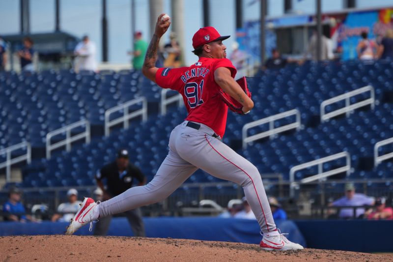 Feb 28, 2024; West Palm Beach, Florida, USA;  Boston Red Sox pitcher Jorge Benitez pitches in the fifth inning against the Washington Nationals at The Ballpark of the Palm Beaches. Mandatory Credit: Jim Rassol-USA TODAY Sports