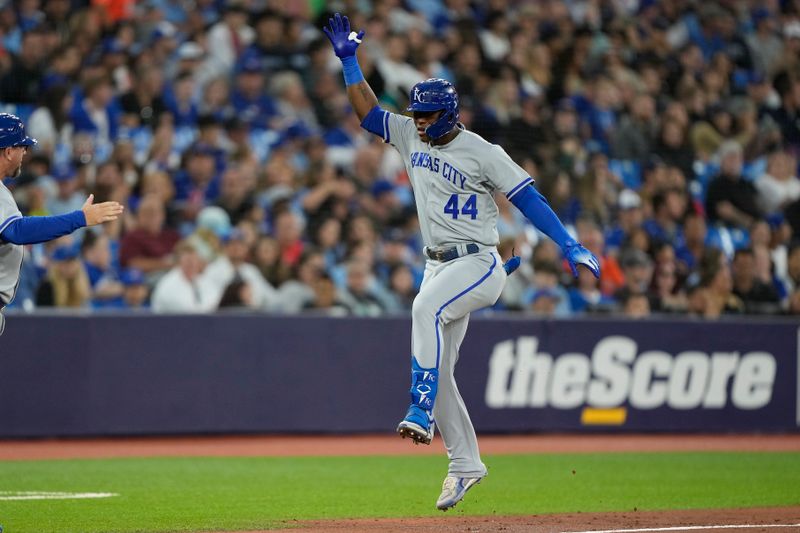 Sep 8, 2023; Toronto, Ontario, CAN; Kansas City Royals right fielder Dairon Blanco (44) celebrates on his way to home plate on his solo home run against the Toronto Blue Jays during the third inning at Rogers Centre. Mandatory Credit: John E. Sokolowski-USA TODAY Sports