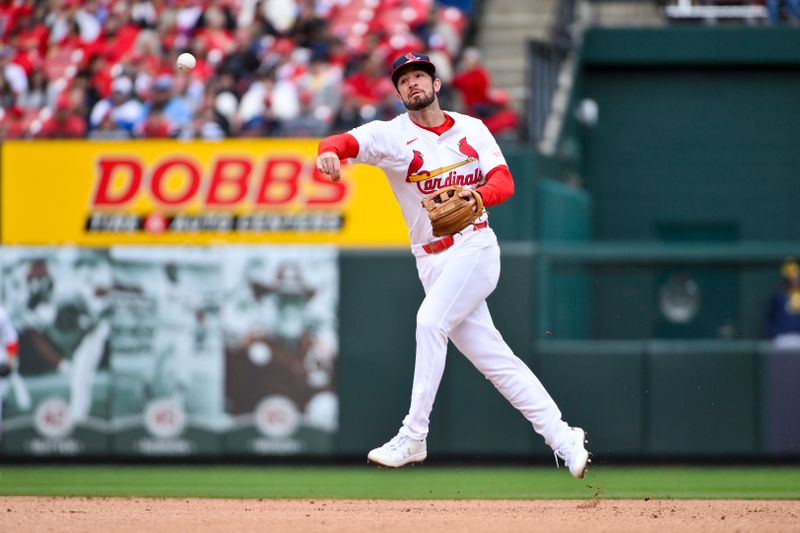 Apr 27, 2025; St. Louis, Missouri, USA;  St. Louis Cardinals second baseman Thomas Saggese (25)b throws on the run against the Milwaukee Brewers during the fourth inning at Busch Stadium. Mandatory Credit: Jeff Curry-Imagn Images