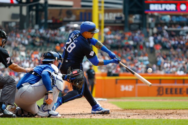 May 26, 2024; Detroit, Michigan, USA; Detroit Tigers shortstop Javier Báez (28) hits during an at bat in the third inning of the game against the Toronto Blue Jays at Comerica Park. Mandatory Credit: Brian Bradshaw Sevald-USA TODAY Sports