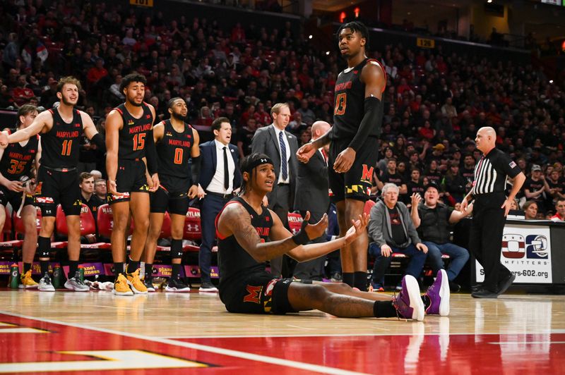 Jan 25, 2023; College Park, Maryland, USA;  Maryland Terrapins forward Julian Reese (10) reacts after being called for his 4th foul during the second half against the Wisconsin Badgers  at Xfinity Center. Mandatory Credit: Tommy Gilligan-USA TODAY Sports