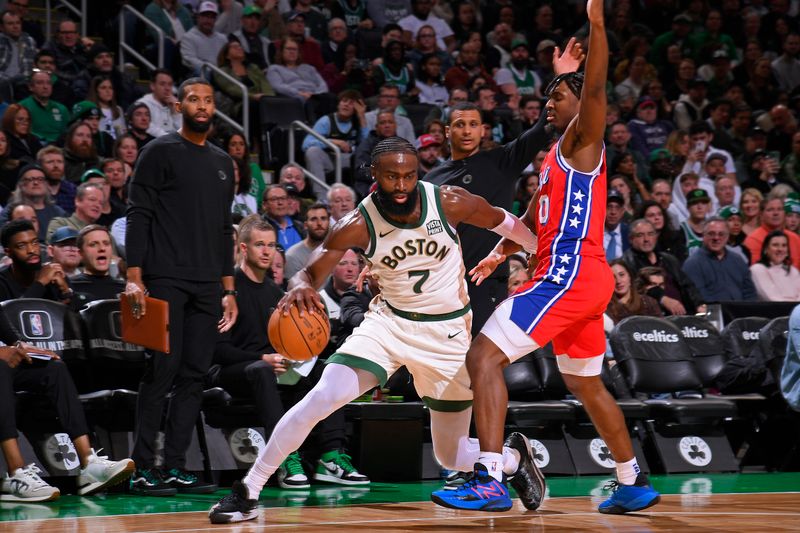 BOSTON, MA - FEBRUARY 27: Jaylen Brown #7 of the Boston Celtics handles the ball during the game against the Philadelphia 76ers on February 27, 2024 at the TD Garden in Boston, Massachusetts. NOTE TO USER: User expressly acknowledges and agrees that, by downloading and or using this photograph, User is consenting to the terms and conditions of the Getty Images License Agreement. Mandatory Copyright Notice: Copyright 2024 NBAE  (Photo by Brian Babineau/NBAE via Getty Images)