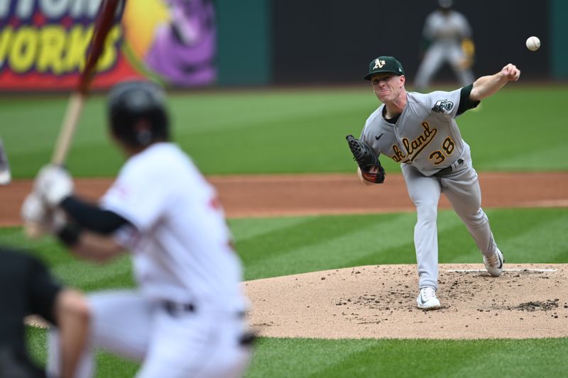 Jun 22, 2023; Cleveland, Ohio, USA; Oakland Athletics starting pitcher JP Sears (38) throws a pitch to Cleveland Guardians left fielder Steven Kwan (38) during the first inning at Progressive Field. Mandatory Credit: Ken Blaze-USA TODAY Sports