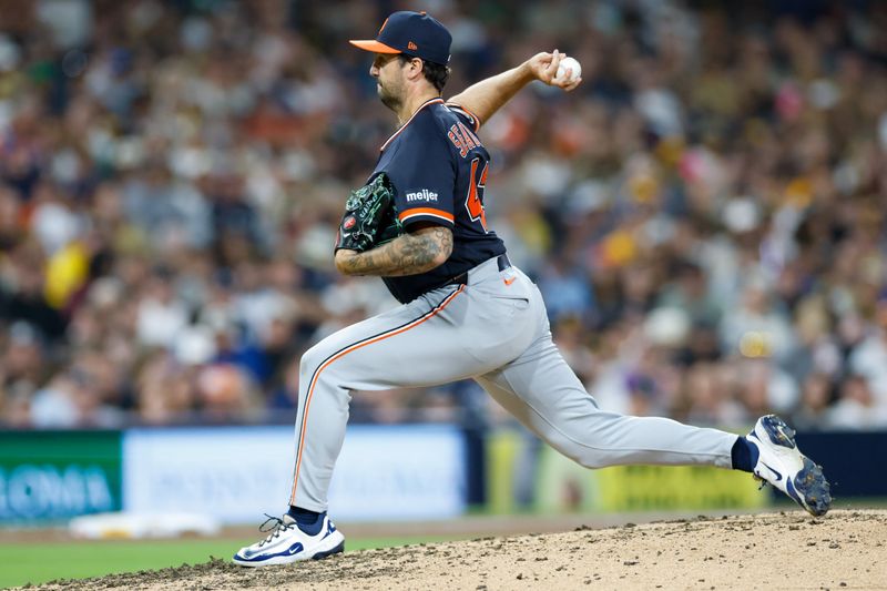 Mar 28, 2026; San Diego, California, USA; Detroit Tigers relief pitcher Connor Seabold (43) throws a pitch during the sixth inning against the San Diego Padres at Petco Park. Mandatory Credit: David Frerker-Imagn Images