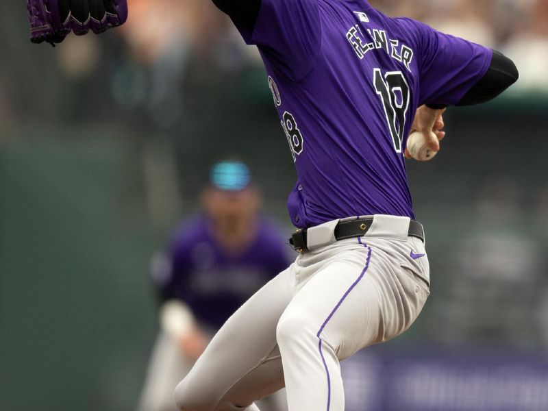 Jul 27, 2024; San Francisco, California, USA; Colorado Rockies starting pitcher Ryan Feltner (18) delivers a pitch against the San Francisco Giants during the first inning at Oracle Park. Mandatory Credit: D. Ross Cameron-USA TODAY Sports