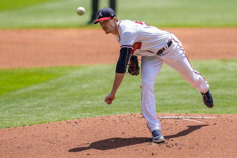 Apr 23, 2023; Cumberland, Georgia, USA; Atlanta Braves starting pitcher Max Fried (54) pitches against the Houston Astros during the first inning at Truist Park. Mandatory Credit: Dale Zanine-USA TODAY Sports