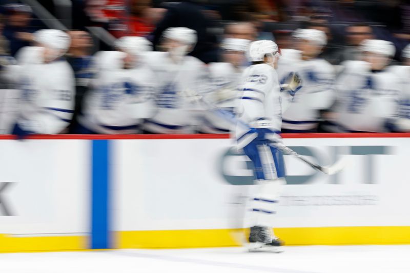 Nov 28, 2025; Washington, District of Columbia, USA; Toronto Maple Leafs left wing Matthew Knies (23) celebrates with teammates after scoring a goal against the Washington Capitals during the second period at Capital One Arena. Mandatory Credit: Geoff Burke-Imagn Images