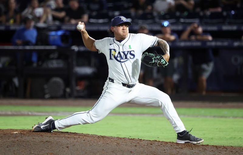May 20, 2025; St. Petersburg, Florida, USA; Tampa Bay Rays pitcher Manuel Rodriguez (39) throws a pitch during the ninth inning against the Tampa Bay Rays at George M. Steinbrenner Field. Mandatory Credit: Kim Klement Neitzel-Imagn Images