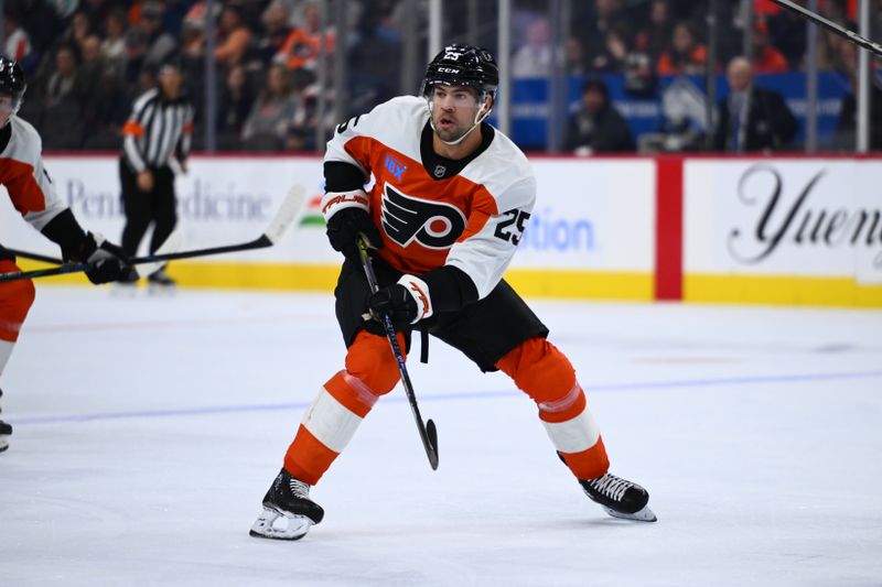 Oct 26, 2024; Philadelphia, Pennsylvania, USA; Philadelphia Flyers center Ryan Poehling (25) in action against the Minnesota Wild in the first period at Wells Fargo Center. Mandatory Credit: Kyle Ross-Imagn Images